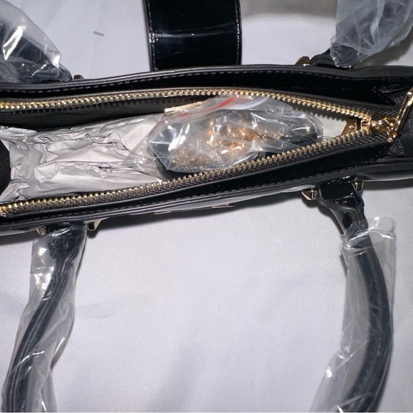 Black Faux Patent Leather Convertible Top Handle Swing Bag - Picture 9 of 13